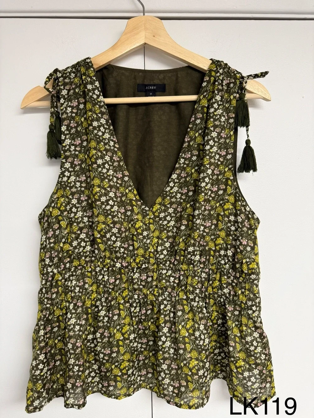 J.Crew V-Neck Cotton Voile Floral Tassel Top Olive Size M